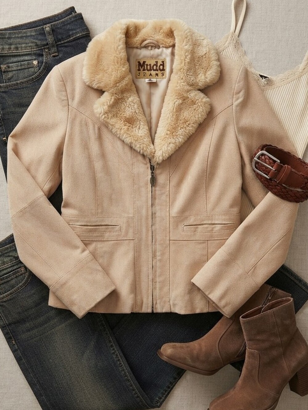 Mudd Jeans Tan Suede Leather Faux Fur Collar Jacket Coat